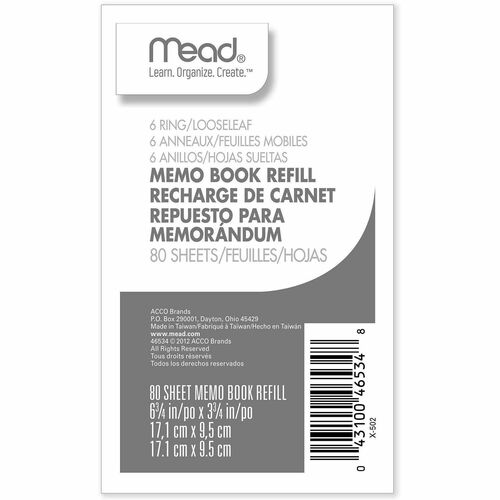 Memo Book Refill, Narrow Ruled, 6 Hole Punch, 6-3/4"x3-3/4", 80 Sheets, White