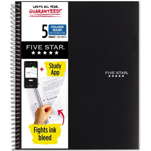 Notebook, 5 Subject, 200 Sheets, College Ruled, 8-1/2"x11", Black