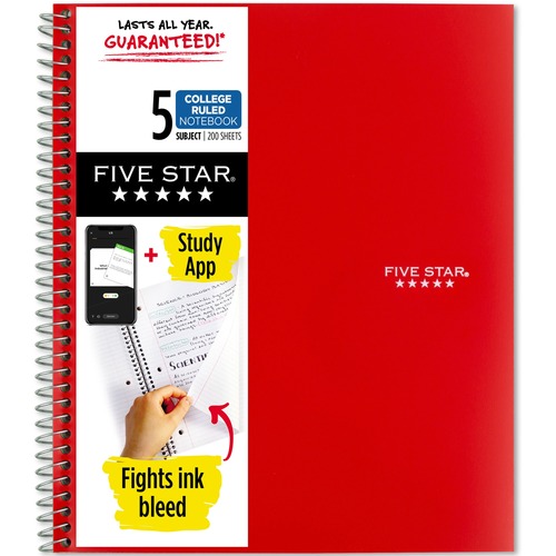 Notebook, 5-Subject, 200 Sheets, College Ruled, 8-1/2" x 11", Red