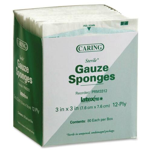 Gauze Sponges, Sterile, 3"x3", 12 Ply, White 80/BX