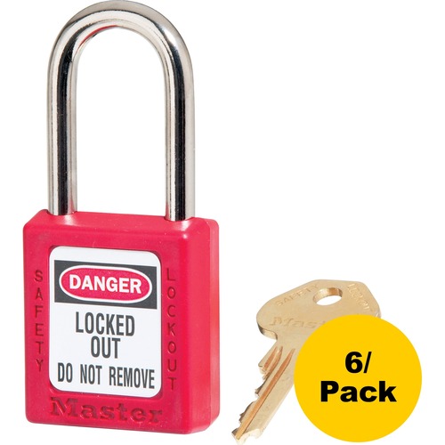 Safety Padlock, Labeled, 1/4" Dx 1-1/2" H Shackle, Red 6/PK