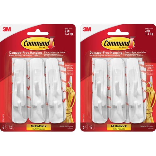 Hooks, Reusable, Command Adhesive, Medium, White, 6 Per Pack 2/BG