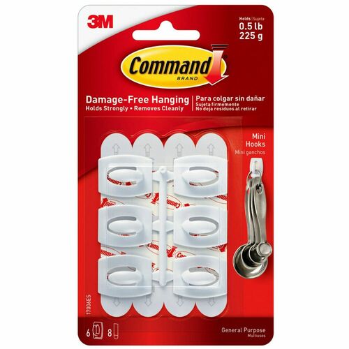 Command Hooks, Mini, 1/2 lb Cap, Hooks, Strips, White 6/PK