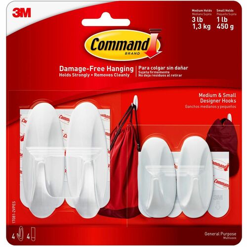 Hook, Command, Designer, Small/Medium, Weather Resistant 4/PK