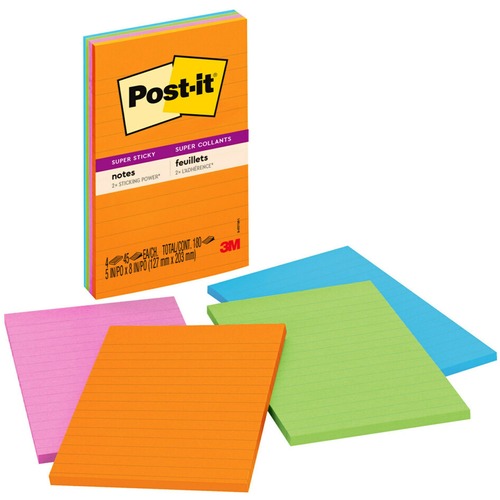 Note, Supr Sticky, 5x8, Ast 4/PK