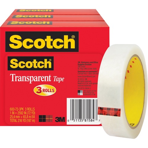 Tape, Roll, Transparent, 1 X 2592 3/PK