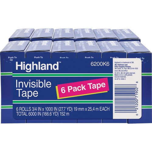 Invisible Tape, 1" Core, 3/4" x 1000", Clear 12/BX