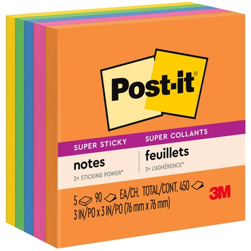 Notes, Super Sticky, 3 x 3, Assorted 5/PK