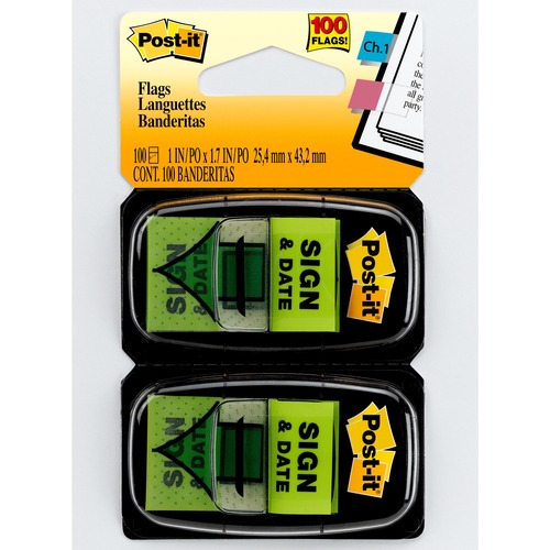 Flags, Sign & Date, 1", Green 100/PK