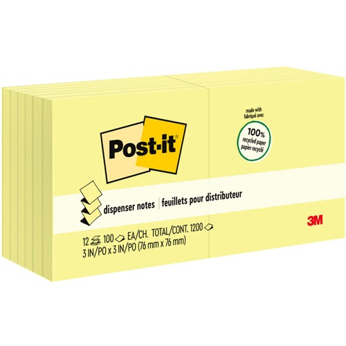 Note, Popup, Recycled, 3x3, Yellow 12/PK