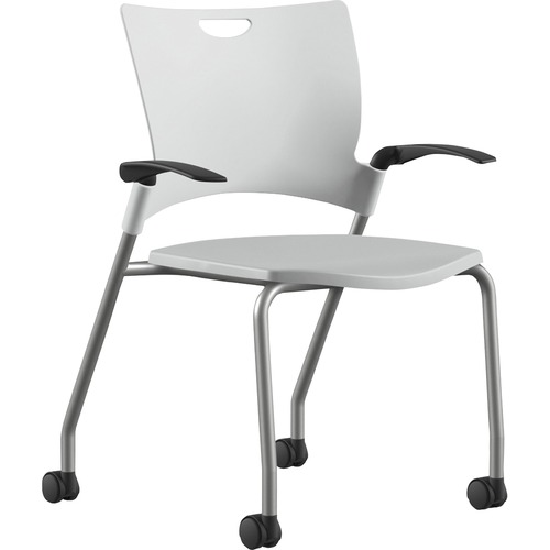 Stack Chair, with Arms/Casters, 25" x 26" x 33", White Plastic/Silver Frame
