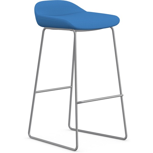 Bar Stool, Sled Base, 16" x 16" x 33", Blue Fabric/Silver Frame