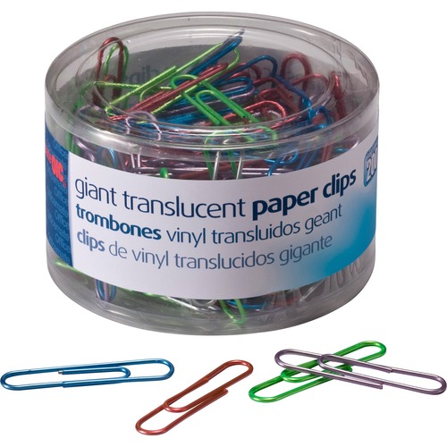 Translucent Paper Clips, Vinyl, Giant, Blue/Peach/Green/Red/Silver 200/PK