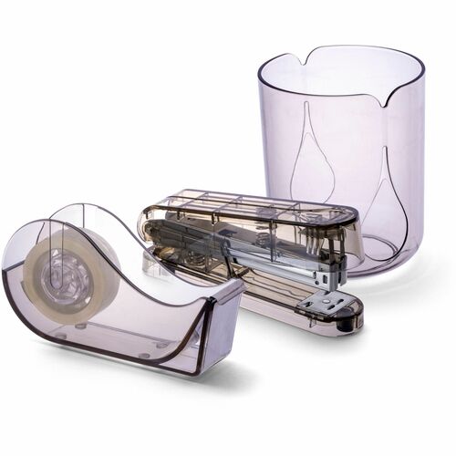 Desktop Set, Pencil Cup/Stapler/Tape Dispenser, Gray/Tilt