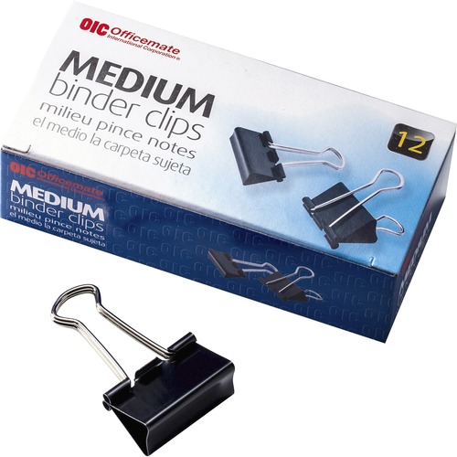 Binder Clips, Medium, 1-1/4" Wide, 5/8" Cap, Black/Silver 12/PK