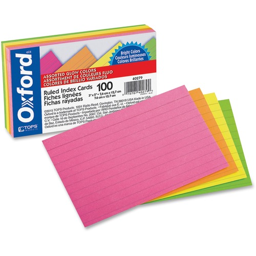 Card, Index, 3x5, Assorted Glow 100/PK