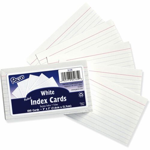 Index Cards, Ruled, 3" x 5", White 100/PK