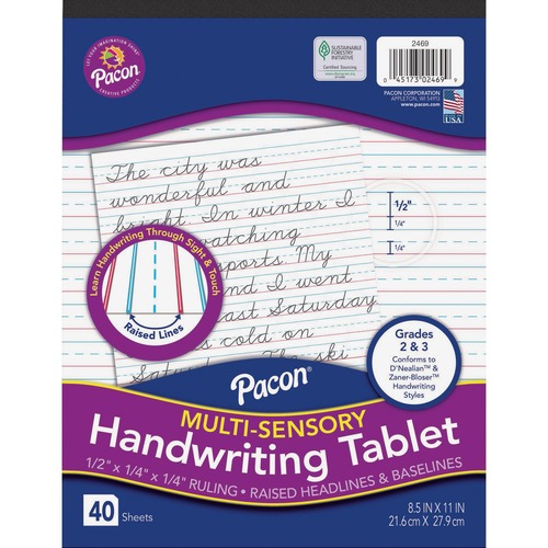 Handwriting Tablet, Raised, Short-Ruled, 40 Sheets, 8-1/2"x11", White