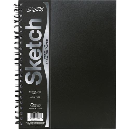 Sketchbook, Poly Cover, Spiral Binding, 75 Sheets, 12" x 9", Black