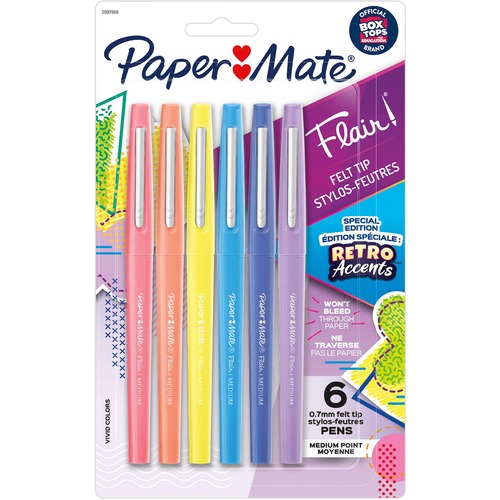 Pen, Flair, Medium, Retractable, Assorted 6/PK
