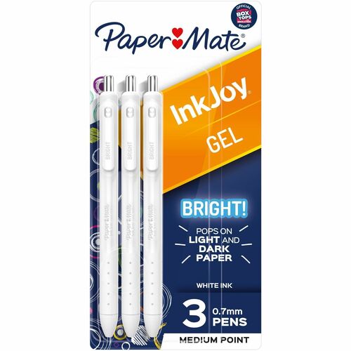 Pen, Gel, Inkjet, Bright, White 3/PK