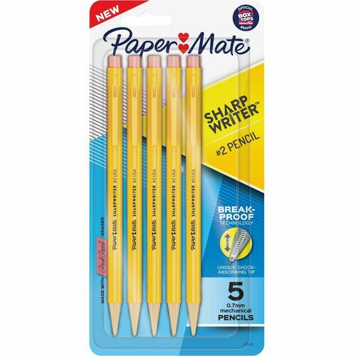 Mechanical Pencils, Twist Tip, Break-Resistant Lead, Yellow 5/PK