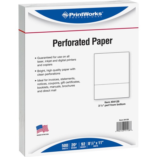 Office Paper, Perforated 3-1/2", 8-1/2" x 11", 20 lb, White 500/RM