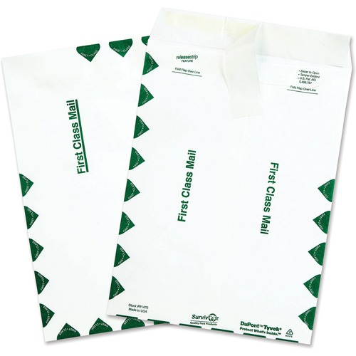 Tyvek Open-End Envelope, 1st Class, 9" x 12", White 100/BX