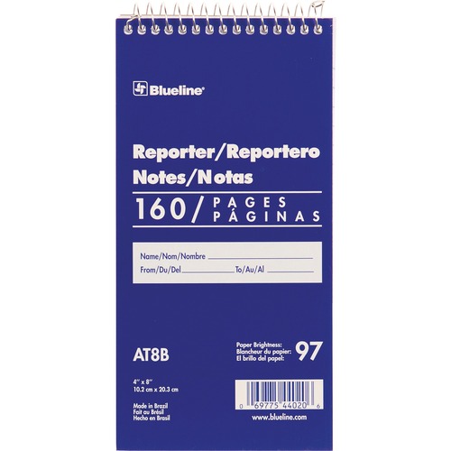 Notepad, Reporter, 160 Page, 8" W x 4" L x 3/10" H, Blue