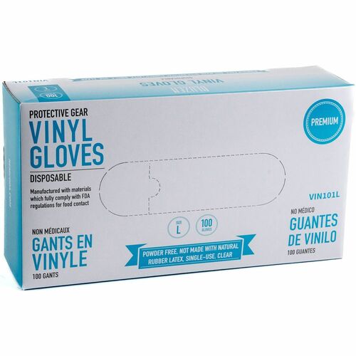 Gloves, Vinyl, Disposable, Powder Free, Large, 100/BX 10/CT