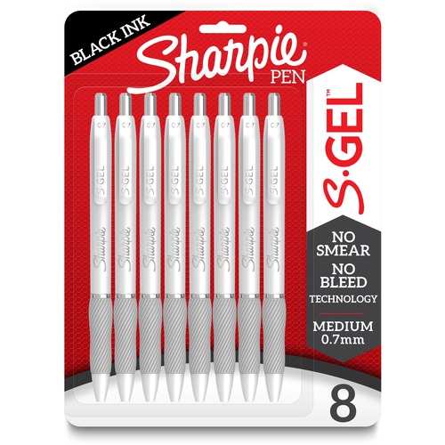 Sharpie Pen, Gel, 0.7mm, Black Ink/White Barrel 8/PK