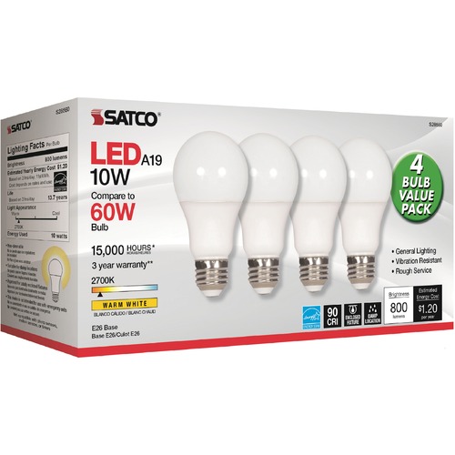Bulb, LED, A19, 10 Watt, 2700K, Warm White 4/PK