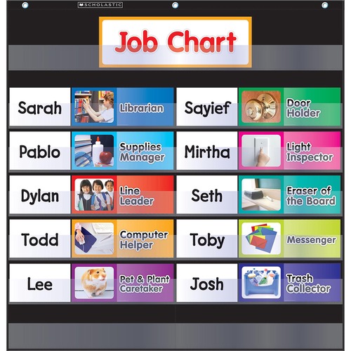 Pocket Chart, w/ Job Cards, 13 Pockets, K-5, 26-1/2" x 27-1/2", Black