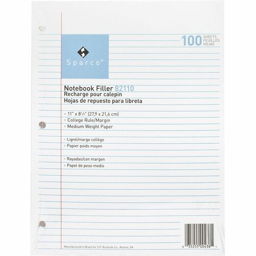 Filler Paper, 3-Hole Punch, College Ruled, 11" x 8-1/2", White 100/PK