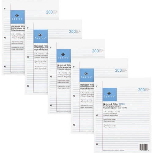 Filler Paper, 3-Hole Punch, College Ruled, 11" x 8-1/2", White, 200 Sheets 10/BD