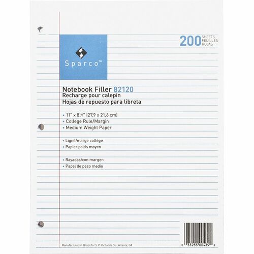 Filler Paper, 3-Hole Punch, College Ruled, 11" x 8-1/2", White 200/PK