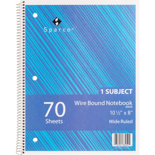 Notebooks, 1 Subject, 3-Hole Punch, 10-1/2" x 8", Wide Ruled, 70 Sheets, AST