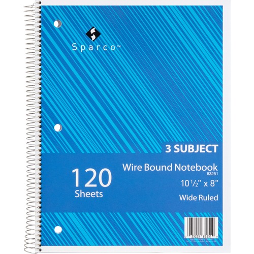 Notebooks, 3 Subject, 3-Hole Punched, 10-1/2" x 8", Wide Ruled, 120 Sheet, Ast