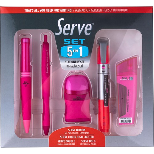 Writing Set, With Pencil, Lead, Eraser, Gel Pen, Highlighter, Pink 5/PK