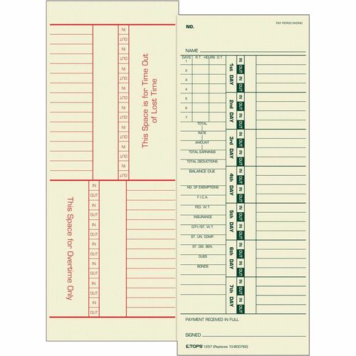 Form, Timecard, 3.5 X 9, Days & Overtime 500/BX