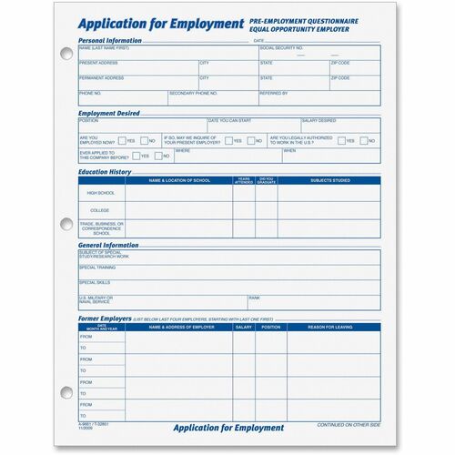Form, Employment Application, 8.5x11 100/PK