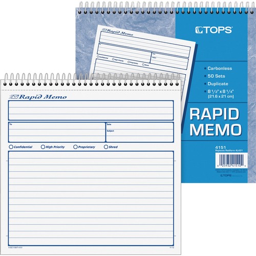Rapid Memo Book, Carbonless, 2-Part, 8-1/2" x 7-3/4"