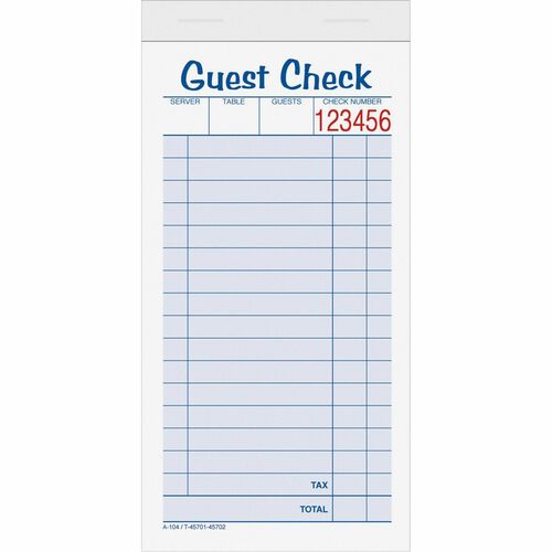 Guest Check Books, 2 Part, 3-1/3"x6-3/8", 50 Sets/BK 10/PK