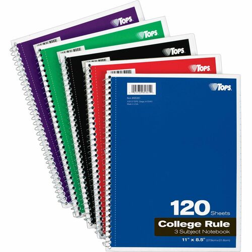 3-Subject Notebooks, College Ruled, 11" x 8-1/2", 120 Sheets, Assorted