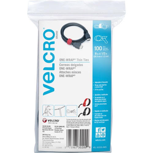 Velcro Straps, 1-Wrap, 1/2"Wx8"Lx1/100"H, Black Red 100/PK