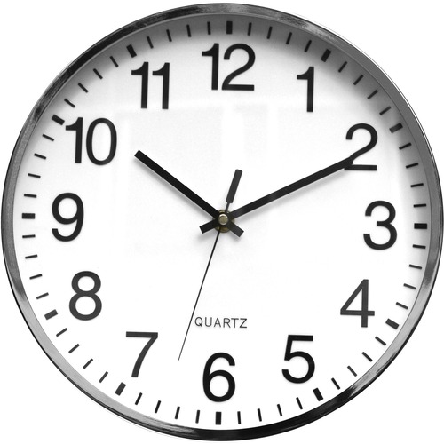 Clock, Wall, Metal, 12" Dia, 1-3/4" D, Chrome/White