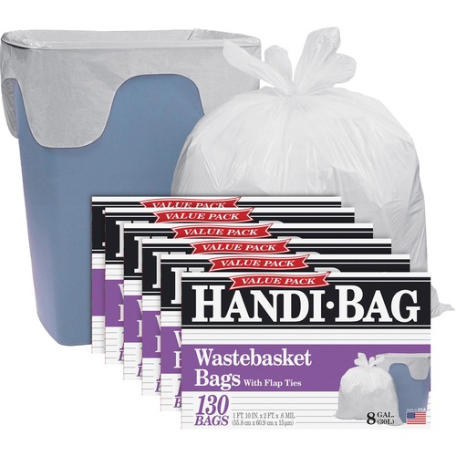 Trash Bags, 8 Gallon, .6 Mil, 21-1/2"x24", White, 130 Count 6/CT