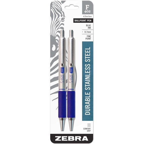 Pen, Retractable, Stainless Steel, Blue 2/PK