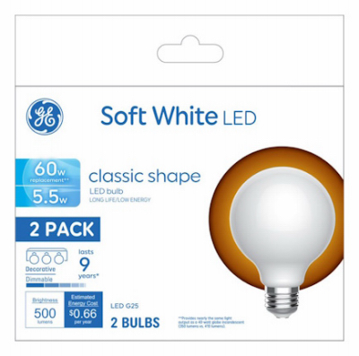 GE 2PK 5.5W WH G25 Bulb