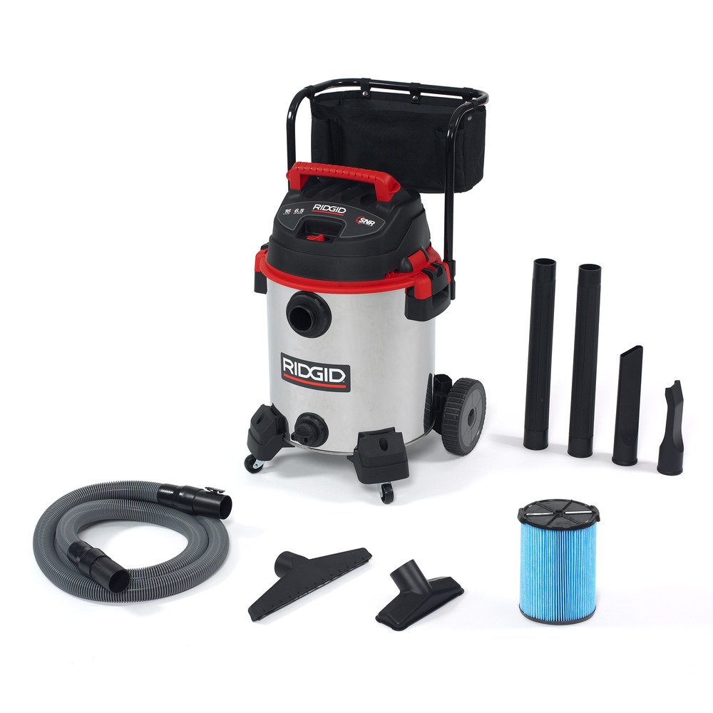 16 Gallon Stainless Steel Wet/Dry Vacuum with Cart, 6.5 HP, Quiet Operation & Locking Hose